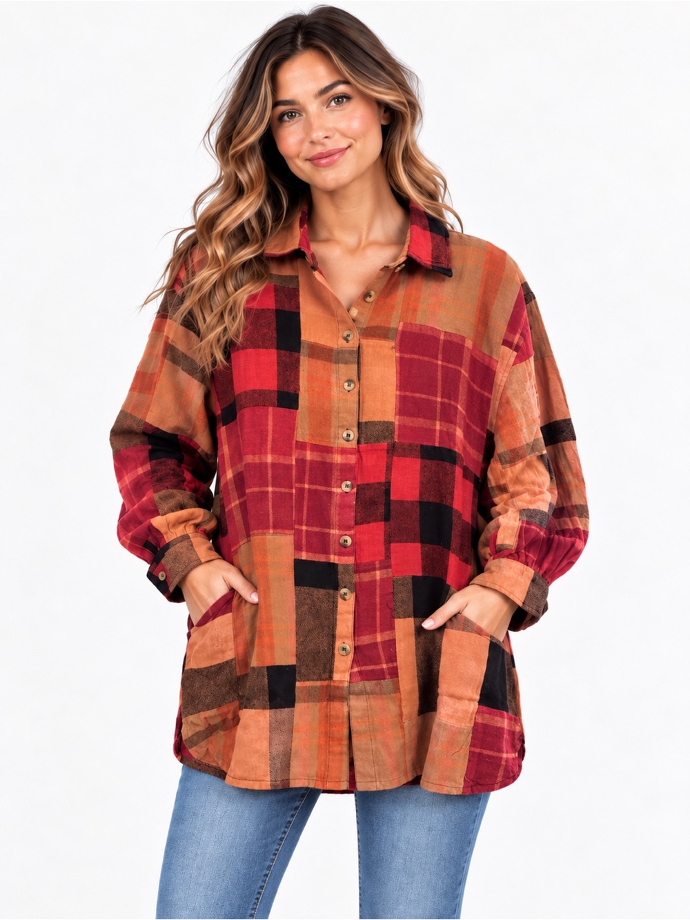 Jaded Gypsy Harvest Moon Flannel Patchwork Plaid Oversized Tunic L/XL
